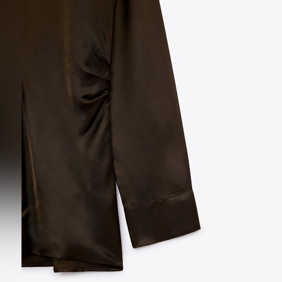Zara satin Brown ruched side long sleeve button front collared blouse shirt - Picture 13 of 14